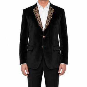 Mens 44R Black Velvet Blazer Gold Floral Embroidered Lapel Formal Tuxedo Jacket